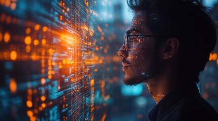 a young man looks at a wall of data, representing the digital world and its vast possibilities.