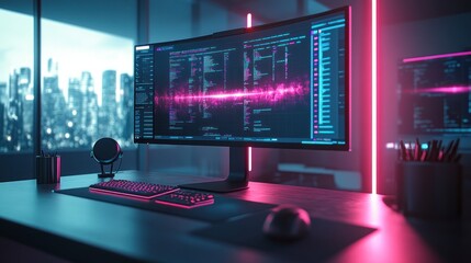 A modern workspace with a curved monitor displaying code and a pink line, a keyboard, a mouse, and a microphone on the desk, with a city skyline view in the background.
