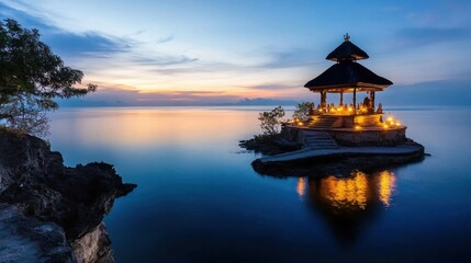 Wall Mural - Tranquil Sunset Reflections Over Sea with Gazebo and Soft Lighting