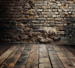 Poster - Weathered Brick Wall and Aged Wooden Floor