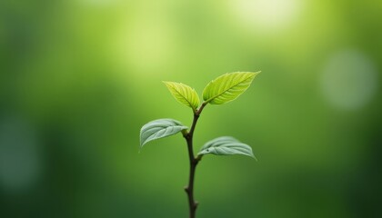 Blurry green background highlights leafy branch with two leaves in focus