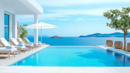 Terrace in villa with swimming pool  clear blue water with stunning sea view and sky