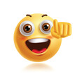 © AmazeinDesign - Pointing hand emoji clipart 3d character. Emoji face character in happy, funny, enjoy, positive, cheerful and cute facial expression. Vector illustration pointing hand emoticon clip art.