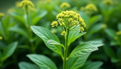 Wall Mural - Vibrant yellow flower blooming among green leavesClose-up of a single small yellow flower surrounded by green foli