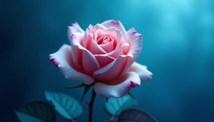 pink rose with blue background or single pink flower in a vase