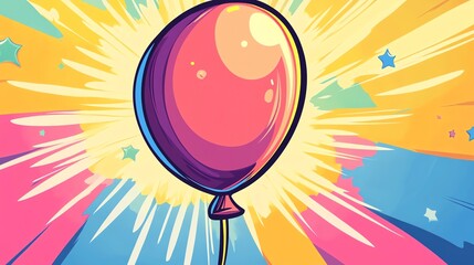 Canvas Print - a cartoon illustration of a pink balloon in a colorful background with stars.