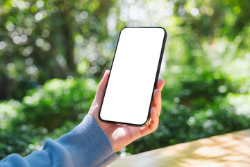 mockup image of a woman holding mobile phone with blank white desktop screen in the outdoors