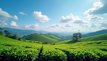 tea fields under blue sky with clouds and mountains in distance