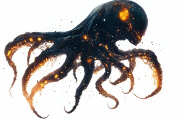 fiery, dark cephalopod creature, glowing, isolated.