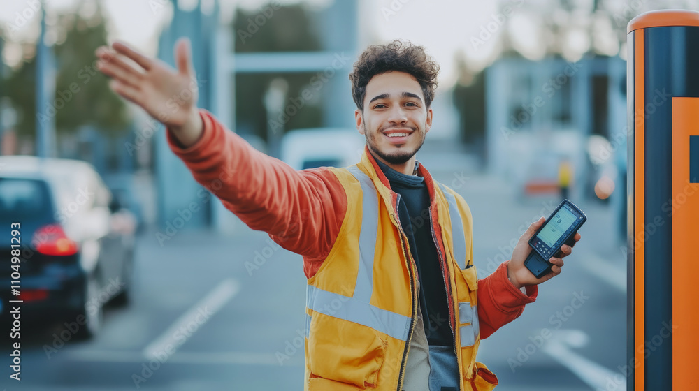 Foto Young man working as a parking attendant, standing at the entrance ...