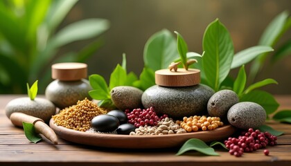 Canvas Print - Natural food items arranged on a wooden plate