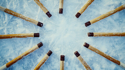 Hockey sticks arranged in circle on snowy ice surface with sharp focus on center