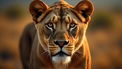 A close-up portrait of a powerful lioness, showcasing her soulful eyes, smooth coat, and graceful features. The background is softly blurred, emphasizing her strength and beauty.