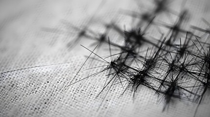 Abstract black threads on textured surface.