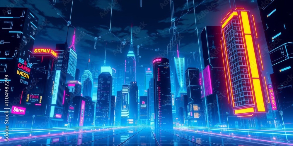 Futuristic cyberpunk city skyline with neon lights and digital networks ...