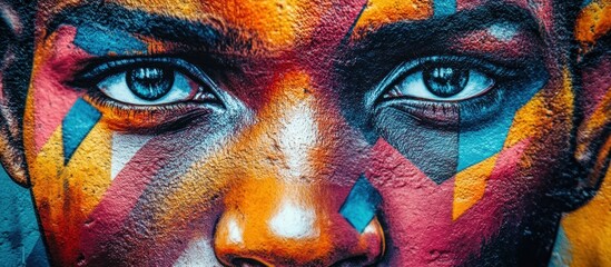 Wall Mural - close up of a person's face with colorful abstract paint, showing both eyes and part of the nose.