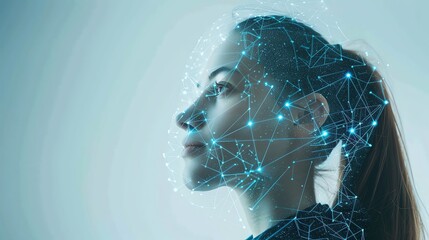 Wall Mural - a woman's face with a glowing digital network overlay.