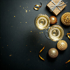Wall Mural -  poster design with champagne bottle and glasses. A classy top view new year celebration setup with champagne, two glasses, a gift box, and sparkling decorations on a dark background