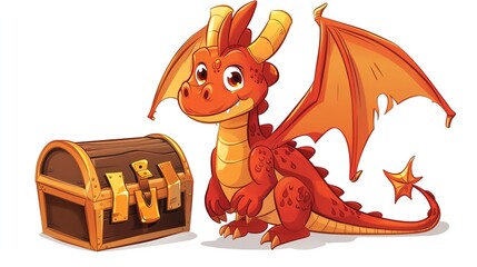 Wall Mural - A cute cartoon dragon standing next to a treasure chest.