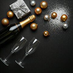  poster design with champagne bottle and glasses. A classy top view new year celebration setup with champagne, two glasses, a gift box, and sparkling decorations on a dark background