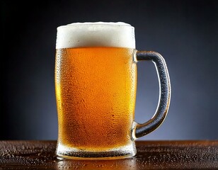 Cold beer in a dewy mug with grey background