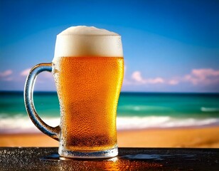 Cold beer in a dewy mug with beach background