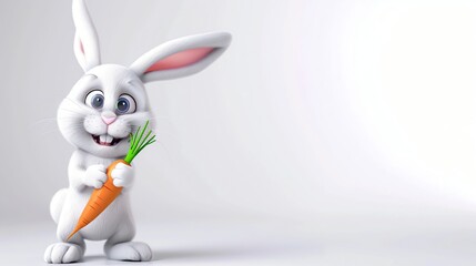 Wall Mural - A cute cartoon bunny holding a carrot and looking happy against a white background.