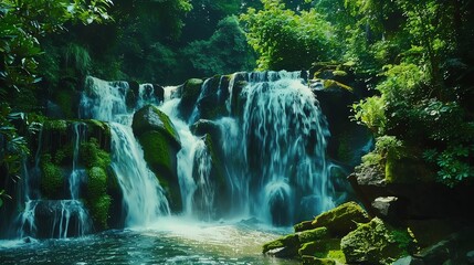 Wall Mural - A lush green waterfall cascades over mossy rocks in a verdant forest.