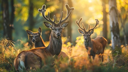 Wall Mural - Three deer in the woods, one with large antlers, looking at the camera.