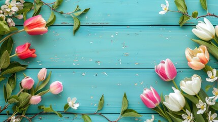 Wall Mural - Tulip and apple tree flowers border on turquoise wood background with text space.