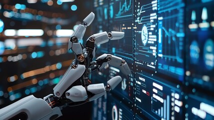 A robotic hand reaches toward a screen displaying data.