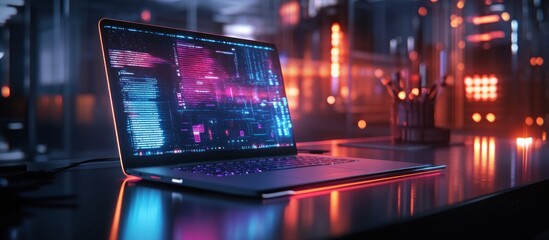 Modern laptop with neon glowing screen and keyboard on a desk in a futuristic city.