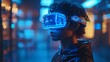 © zuriya - Student in a modern classroom, wearing VR headset and interacting with AI blue holograms, showcasing innovation in education.