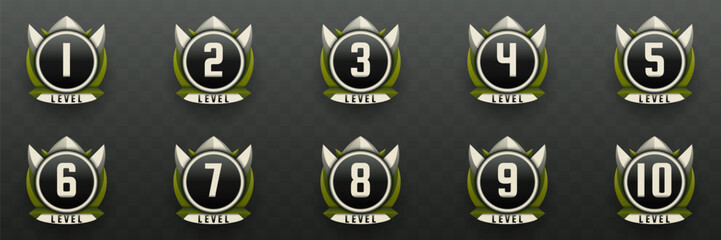Wall Mural - game level up badges in black, silver and olive green color-themed for game ui designs