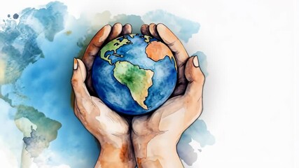 Wall Mural - Hands protecting the world illustration in water color style background. Earth day concept