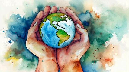 Wall Mural - Hands protecting the world illustration in water color style background. Earth day concept