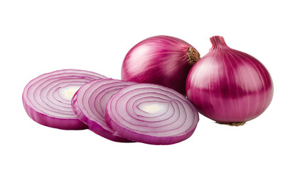 Sliced and whole red onions on white isolated background.