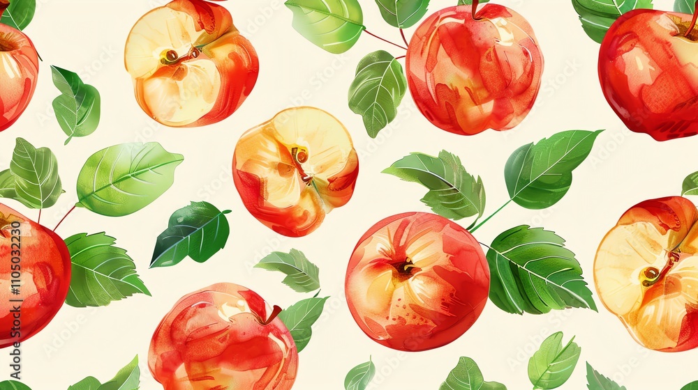 A watercolor seamless pattern of red apples and leaves. Stock ...