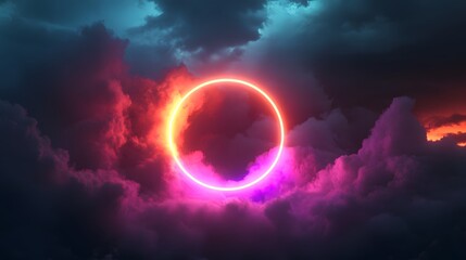 Wall Mural - neon circle in dramatic cloudy sky