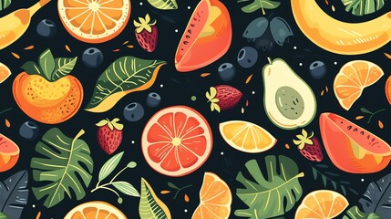 Canvas Print - A seamless pattern of tropical fruits and leaves on a dark background.