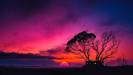 Wall Mural - Beautiful colorful trendy viva magenta color sunset sky landscape. 
