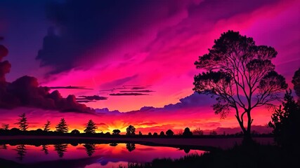 Wall Mural - Beautiful colorful trendy viva magenta color sunset sky landscape. 