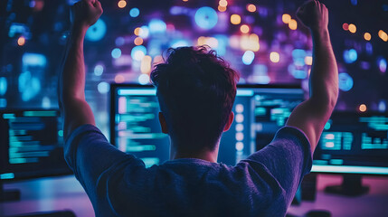 Leinwandbilder - A person celebrating in front of multiple computer screens displaying code and data.