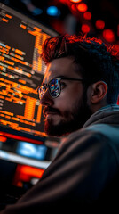 Fototapete - A focused individual wearing glasses works on a computer with vibrant code on the screen.