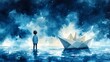© zuriya - Dreamy watercolor art of a boy beside a paper ship in a vast blue ocean, illustrating innocence and the joy of exploration.