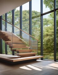 Wall Mural - interior modern house, staircase view from the glass wall, 3d render