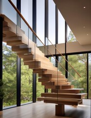 Wall Mural - interior modern house, staircase view from the glass wall, 3d render