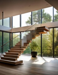 Wall Mural - interior modern house, staircase view from the glass wall, 3d render