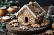 © Pichitpon - Gingerbread House Christmas Delight: A charming gingerbread house, adorned with intricate icing and snowflake designs, sits on a wooden board surrounded by festive decorations.