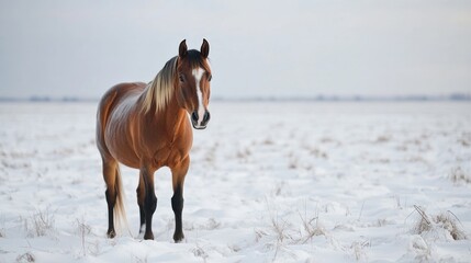 Poster - Chestnut Horse Stands in Snowy Winter Field